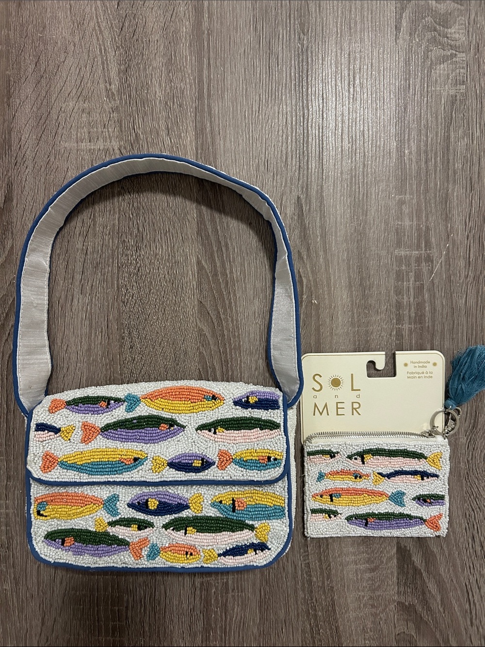 Beaded Sardine/Fish Pattern Shoulder Bag and Coin Pouch - Multicolor Set